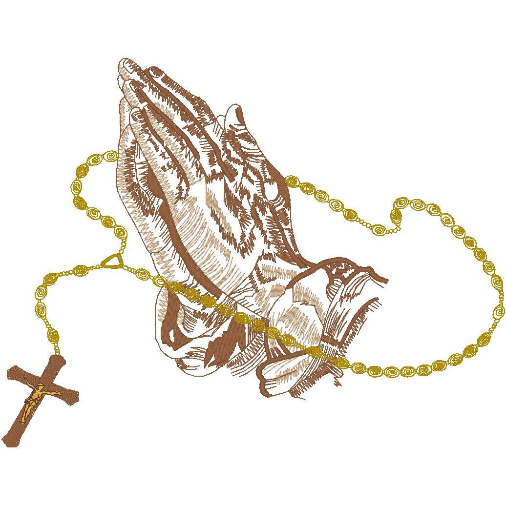 praying hands with rosary and dove